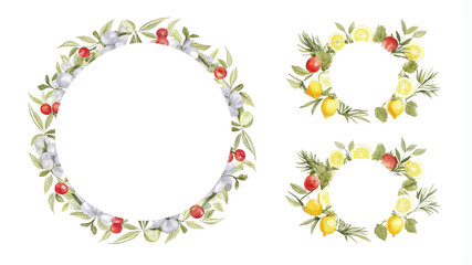 Obraz premium Watercolor floral wreath with berries, leaves and lemons.