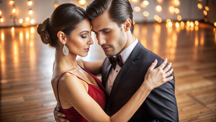 Romantic couple embracing closely while dancing elegantly in softly lit venue with warm ambiance