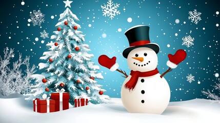 Fototapeta premium Festive Snowman Celebrates Winter Wonderland Holiday Cheer Christmas Tree Scene Snowy Landscape Whimsical Viewpoint Seasonal Joy