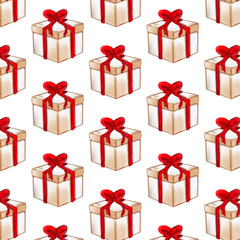 Seamless pattern white gift with a red ribbon