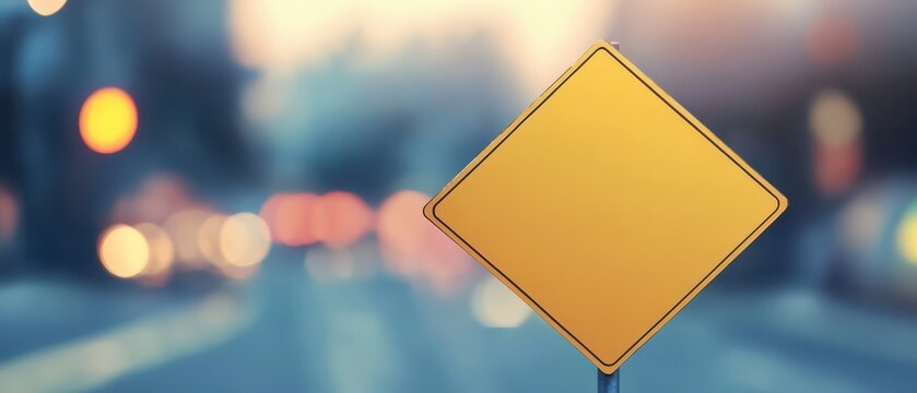 Blank Yellow Diamond Sign on City Street at Night 