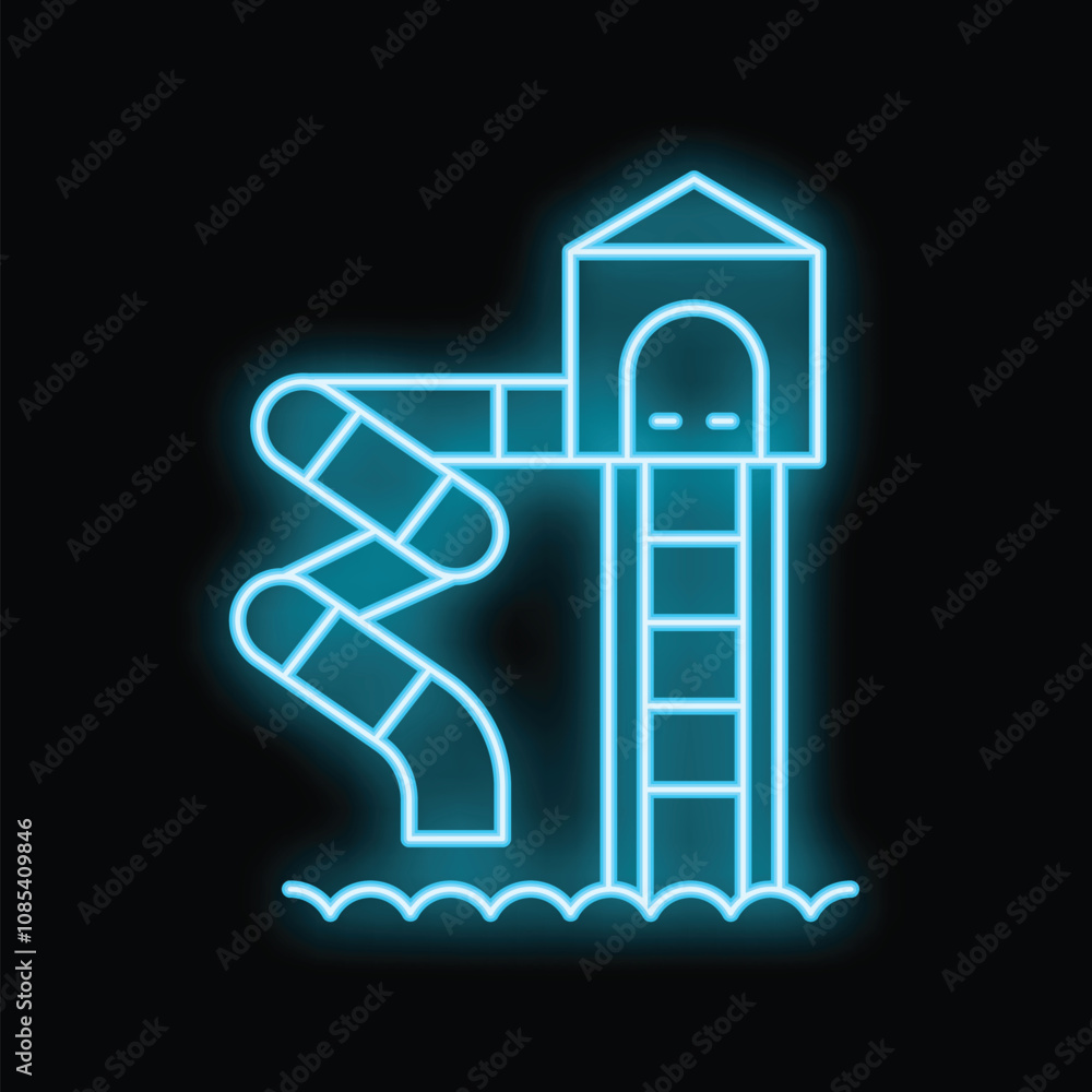 Canvas Prints Neon blue icon of a waterpark slide glowing against a black background