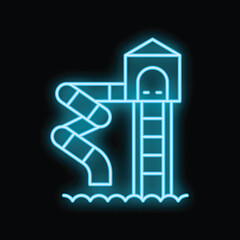 Neon blue icon of a waterpark slide glowing against a black background
