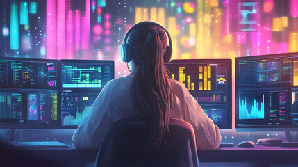 A female data analyst wearing headphones, seated at a desk surrounded by multiple screens showing server performance data 
