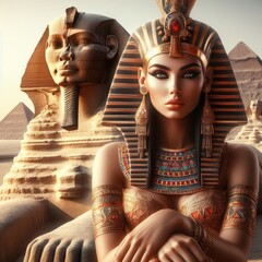Artificial intelligence design of the Egyptian Pharaonic Queen Cleopatra with the Sphinx in the background