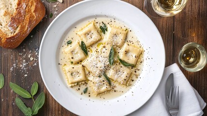Top view of ravioli pasta with cheese served on white in a restaurant