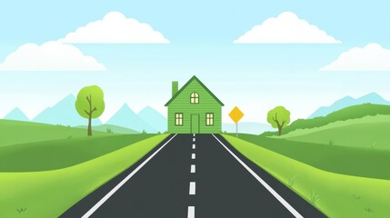 Green House on the Road to Success: A charming green house stands majestically on a paved road winding through lush green fields and mountains.