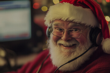Jolly Santa Claus wearing a headset, happily taking Christmas wishes and spreading holiday cheer with his warm, festive spirit.