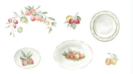 Set of hand drawn watercolor dishes with fruits and berries. Vector illustration.