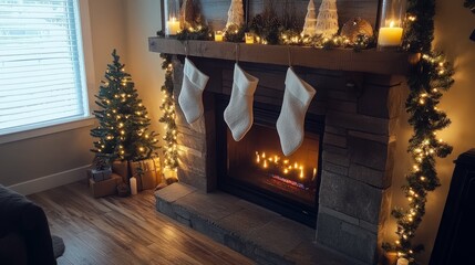 Cozy Christmas fireplace with stockings hung by the chimney with care.