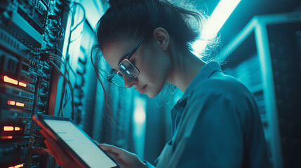 Female IT technician with a tablet inspecting the wiring of high-tech server equipment 
