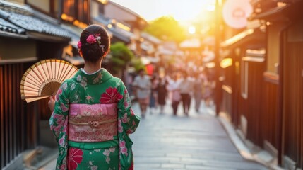 Woman in Traditional Kimono Walking Down a Japanese Street
