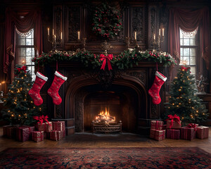 Festive Christmas fireplace scene with stockings, gifts, and trees.