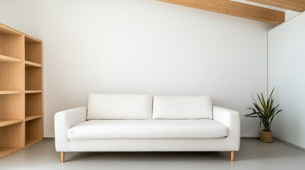 Modern minimalistic living room design featuring a white sofa and wooden shelves