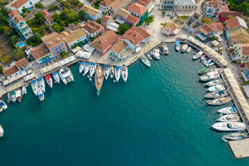 Aerial view of the picturesque Fiskardo village and port Kefalonia, Greece