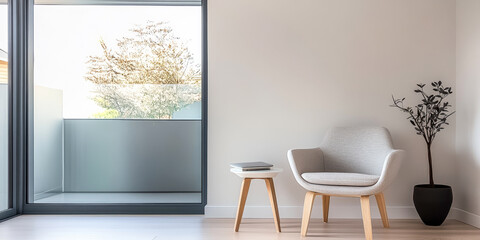 Modern minimalist living room featuring a stylish chair and view of nature in the afternoon