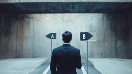 The Crossroads of Decision: A businessman stands at a metaphorical crossroads, contemplating two distinct paths marked "A" and "B," symbolizing a critical juncture in his professional journey.