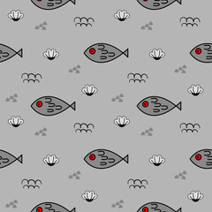 Fish red eye cartoon so cute. On flower wave stone gray background. Pattern seamless vector illustration.
