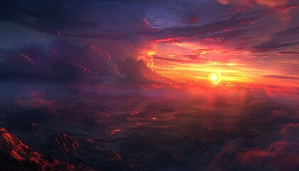 Fototapeta premium A fiery sunset over a vast, mountainous landscape