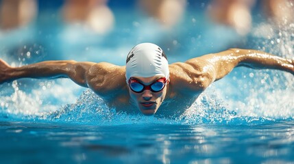 A competitive swimmer glides through the water in a butterfly stroke during a swim meet at a local sports complex