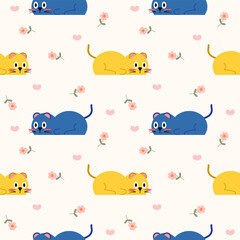 Cat yellow and blue cartoon so cute. On flower heart white background. Pattern seamless vector illustration.