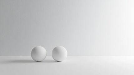 Minimalist Egg Duo: Two pristine white eggs stand side by side on a stark white surface, bathed in soft, diffused light. The simplicity of the composition creates a sense of calm and purity.  