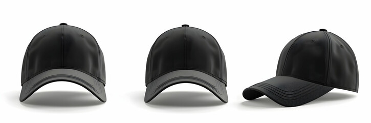 Fototapeta premium Black baseball cap, three views: front view and side view, white background