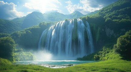 Fototapeta premium Majestic waterfall cascading down lush green mountains into a serene pool.
