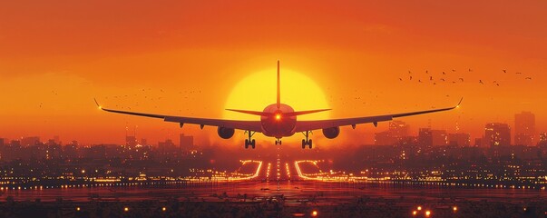 Majestic airplane taking off against a vibrant sunset sky