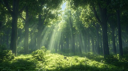 Fototapeta premium A beautiful forest panorama with tall trees and sunset background