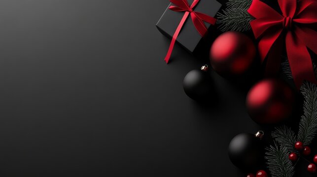 Black Christmas Minimalist: A  stylish and minimalist Christmas composition on a black background, featuring a black gift box with a red ribbon, red and black Christmas ornaments.