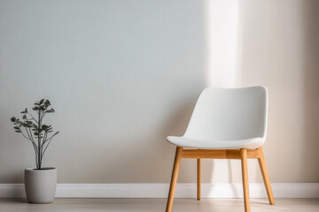 Modern chair beside a small plant in a minimalist living room with soft natural light