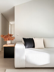 Modern living room with minimalist design and soft neutral colors featuring a cozy sofa