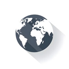 Fototapeta premium Modern flat-design globe showing continents in dark navy with long shadow effect on white background