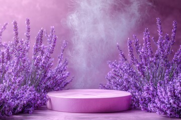 Round podium surrounded by lush lavender plants in dreamy landscape