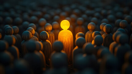 glowing wooden figurine standing out in a crowd of darker figures, symbolizing leadership, individuality, and inspiration in a group setting.