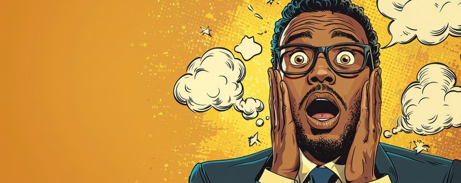 Pop art-style cartoon of surprised man with comic speech bubbles - Powered by Adobe