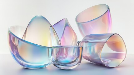Iridescent abstract glass shapes, layered in a soft minimalist composition with smooth gradients and reflective textures