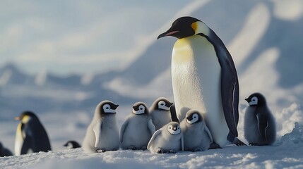 Obraz premium Penguins Huddling Together to Brave the Icy Landscape