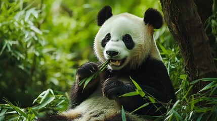 Obraz premium Giant Panda Sitting Contently in Lush Green Forest Eating Bamboo