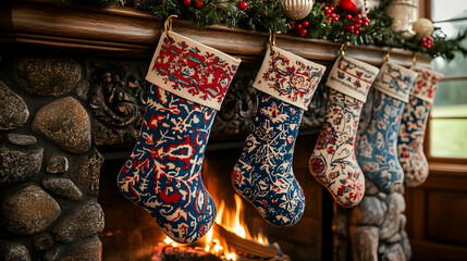 Four Christmas stockings hang above a fireplace. (1)