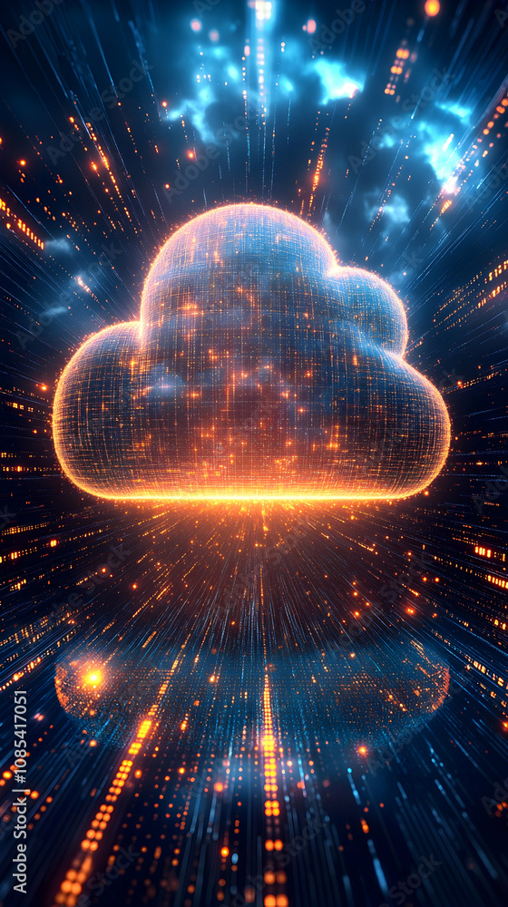 Poster glowing cloud data storage, digital technology concept.