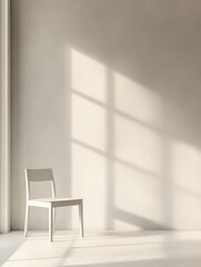 Sunlit Serenity: A solitary white chair basks in the warm glow of sunlight streaming through a window, creating a minimalist and peaceful ambiance. 