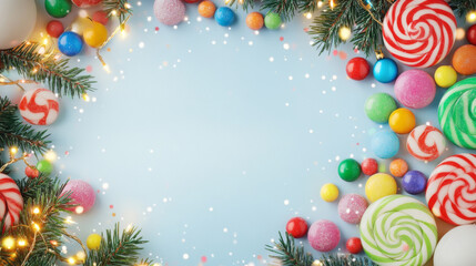 Festive flat lay with vibrant candy decorations and pine branches.