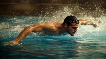 A swimmer performing a powerful stroke in a serene indoor pool, showcasing strength and technique during a training session