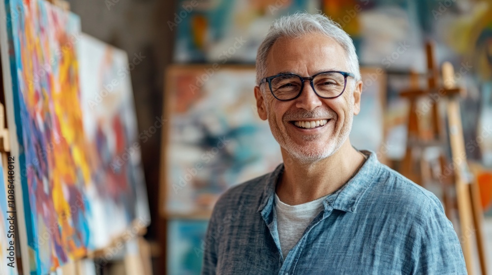 Poster a man with glasses is smiling in front of a painting