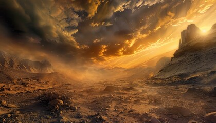A Golden Sunset Over a Desolate, Rocky Landscape