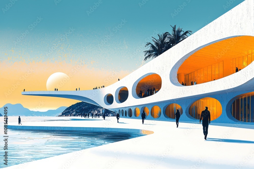 Poster futuristic architectural building with curved design and reflection