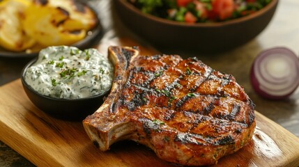 Mediterranean grilled pork chops marinated in olive oil, lemon, and herbs, served with a side of tzatziki