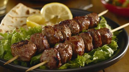 Mediterranean pork souvlaki skewers grilled and served with pita bread, fresh salad, and lemon wedges